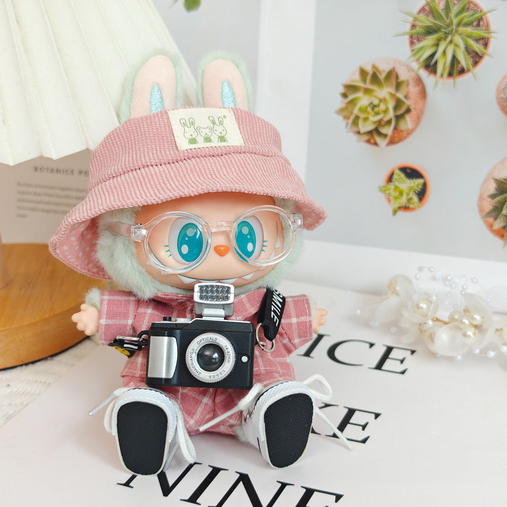 Chic Pink Plaid Suit Set for 17cm Labubu Dolls - Includes Blazer & Pants, Hat, Glasses, Camera, and Sneakers (Doll Not Included)