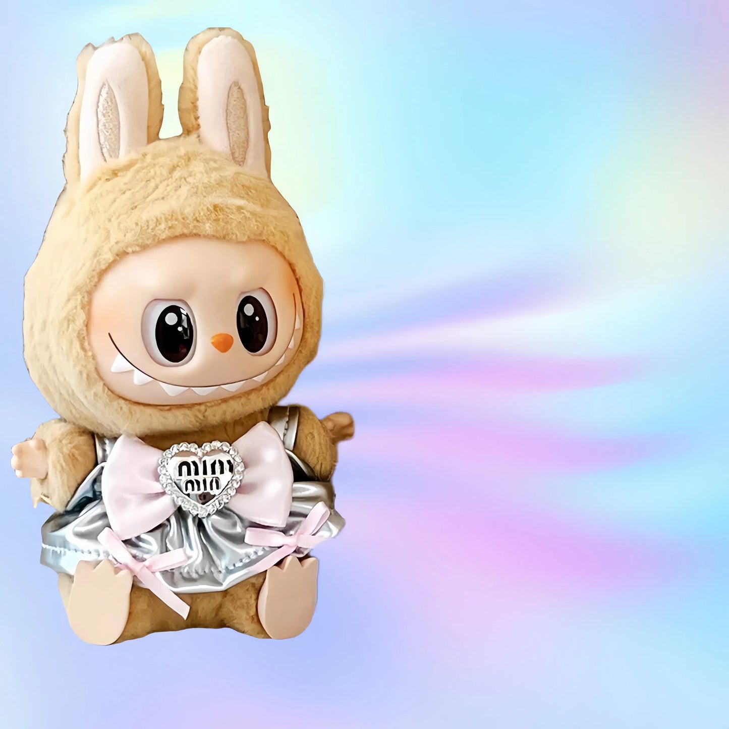 Labubu 1-Piece Princess Dress – Shiny Silver Doll Outfit for 17cm/6.69inch Plush with Bow & Heart Pendant