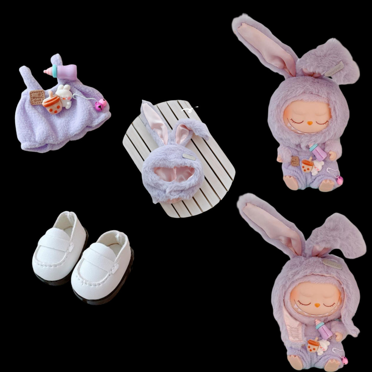 3-Piece Labubu Doll Outfit Set – Purple Bunny Overalls, Hat and Shoes for Gen 1/2 17cm (6.69inch) Dolls, Adorably Playful Look for Everyday Styling or Gifting
