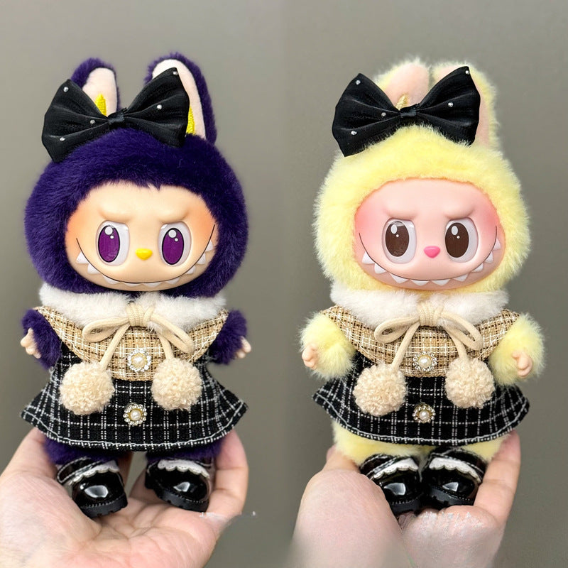3-Piece Elegant Labubu Outfit – Pearl Bow Cape + Plaid Skirt + Patent Shoes for 17cm/6.69inch Labubu