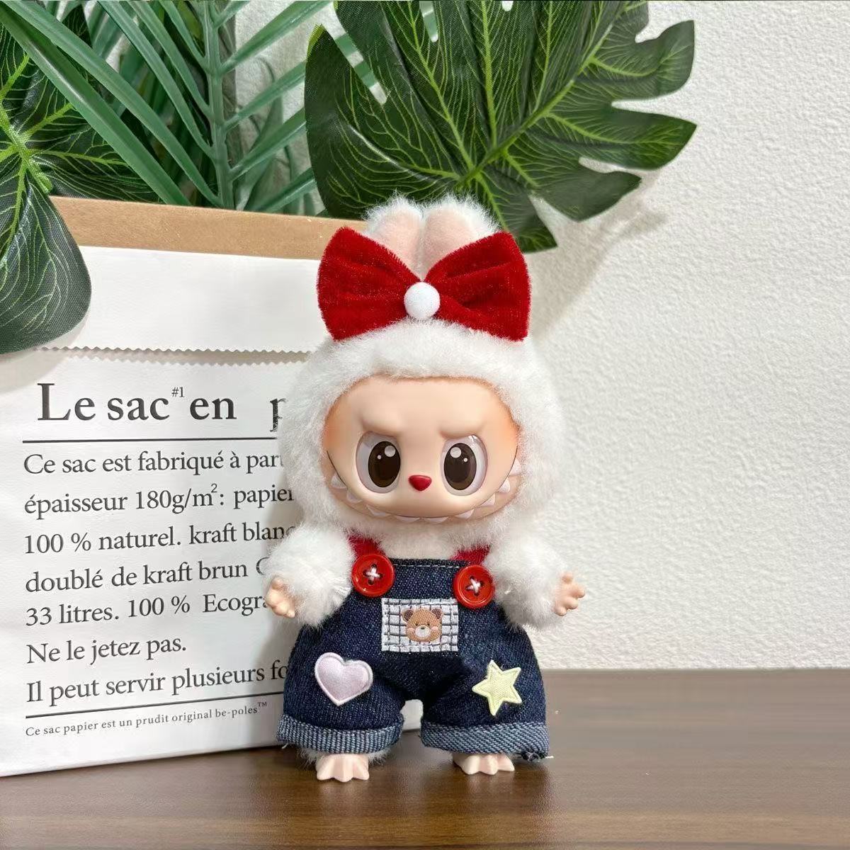 2-Piece Set for 17cm/6.69inch Labubu Doll – Denim Overalls with Star & Heart Patches + Red Bow Hair Clip (Doll Not Included)