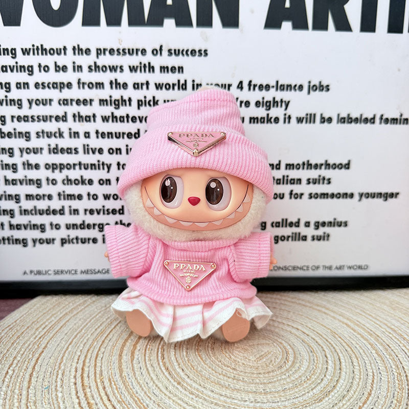 3-Piece Doll Outfit Set for 17cm Labubu – Includes Hat, Sweatshirt, and Striped Skirt – Soft Pink Sporty Style for Everyday Play (Doll Not Included)