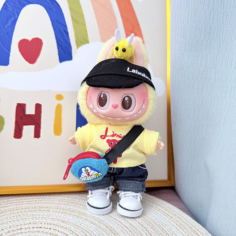 Labubu 5-Piece Honeybee Streetwear Set – Cute Cartoon Outfit with Cap, Top, Bag & Shoes for 17cm/6.69inch Dolls