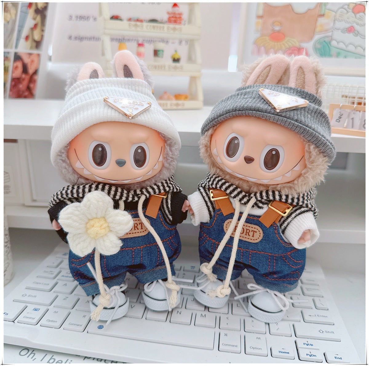 4-Piece Doll Outfit Set – 17cm、6.69inch Labubu Clothes with Hoodie, Denim Overalls, Hat & Shoes