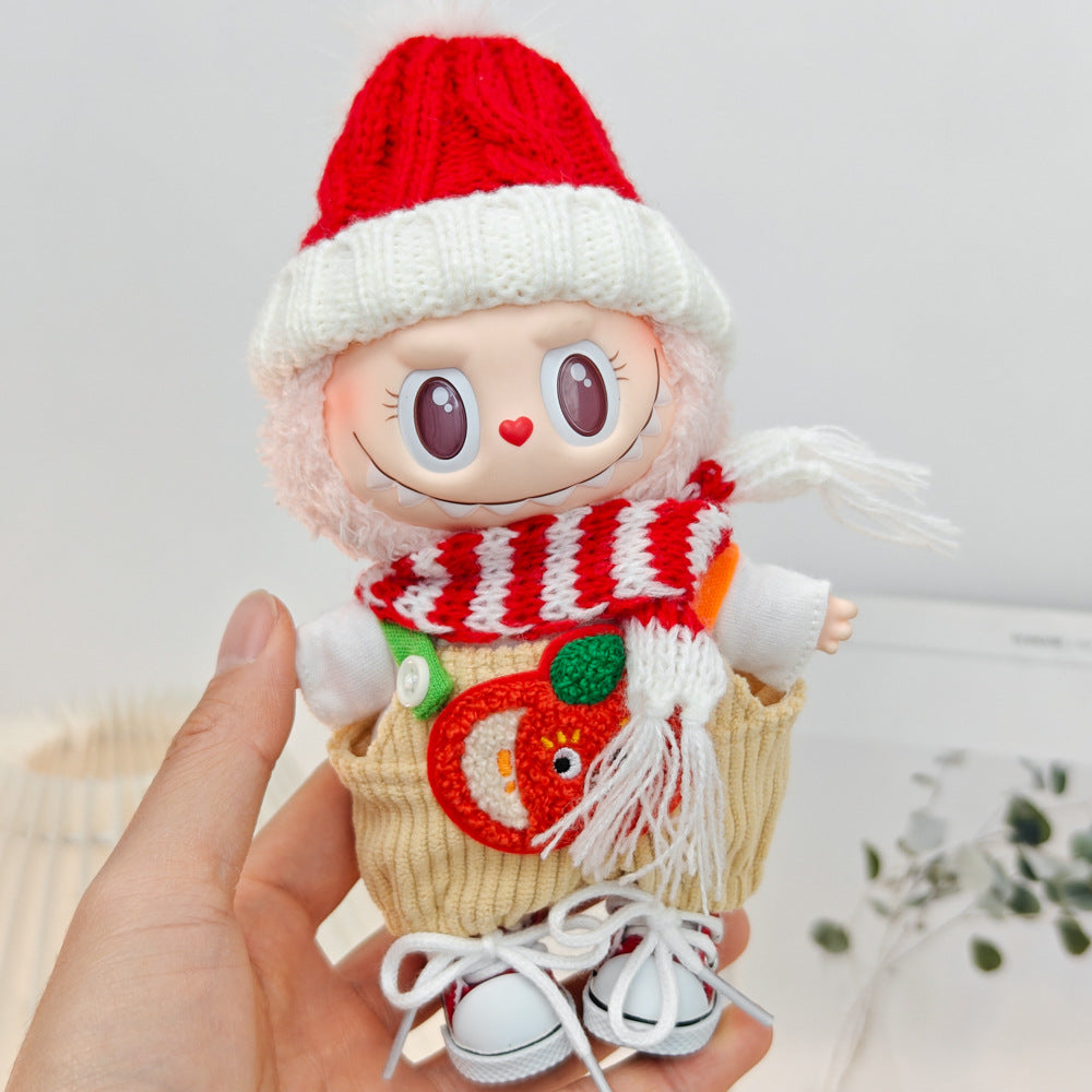 Winter Cozy Knit Hat Scarf Overalls White T-Shirt Shoes Five-Piece Outfit Set for 17cm/6.69inch Labubu Doll Doll Not Included