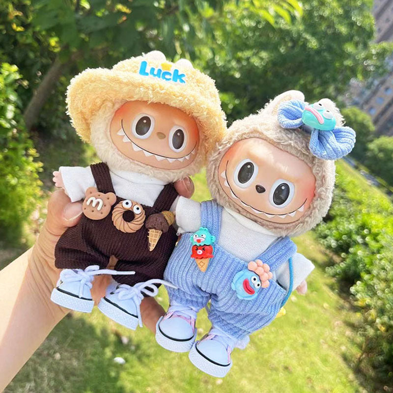 Labubu 4-Piece Street Style Set – Adorable Hat, Tee, Suspender Pants & Sneakers for 17cm/6.69inch Dolls