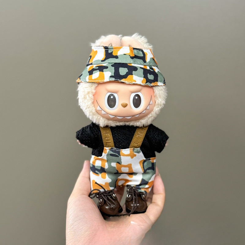 3-Piece Camouflage Outfit for 17cm/6.69inch Labubu – Streetwear Cap + Black Tee + Camo Overalls (Doll Not Included)