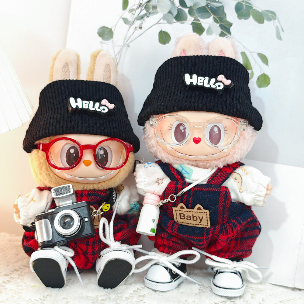 5-Piece Outfit Set for 17cm/6.69inch Dolls – Includes Beanie Hat, Glasses, Plaid Overall Suit, Canvas Shoes, and Camera or Bottle Pendant (Doll Not Included)