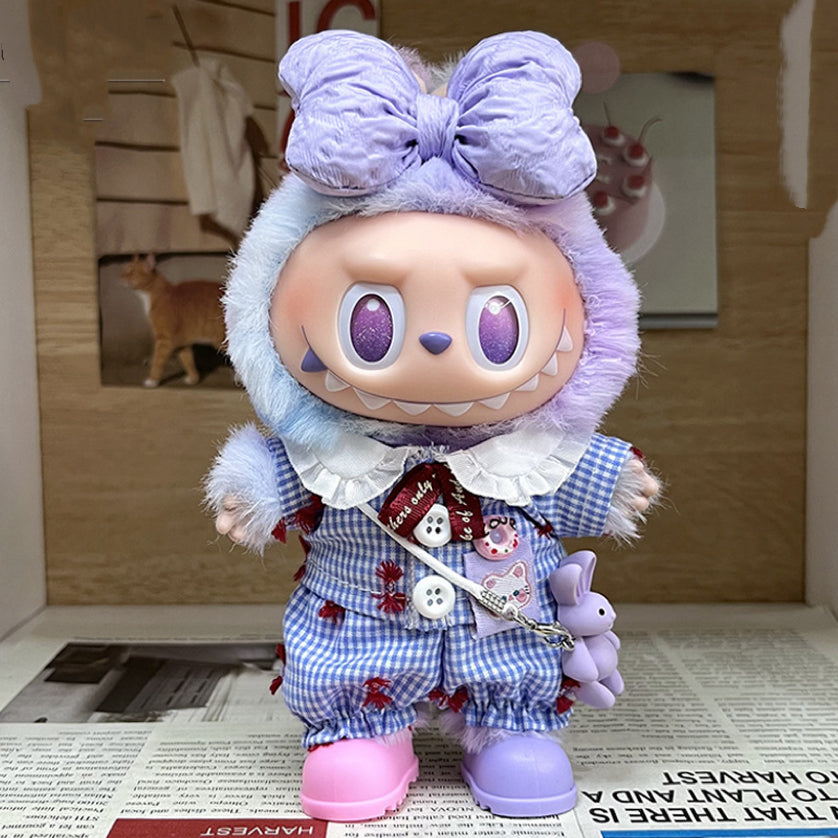 5-Piece Pastoral Outfit Set for 17cm/6.69inch Labubu Doll – Includes Gingham Top & Pants, Bow Headband, Colorful Boots, and Bunny Crossbody Bag (Doll Not Included)