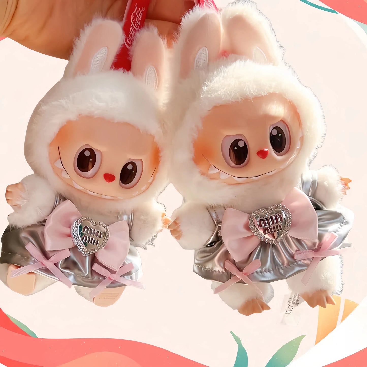 Labubu 1-Piece Princess Dress – Shiny Silver Doll Outfit for 17cm/6.69inch Plush with Bow & Heart Pendant