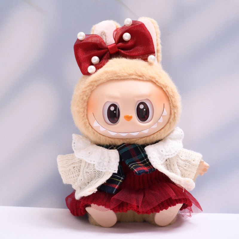 3-Piece Winter Outfit for 17cm/6.69inch Labubu Doll – Red Bow Dress, Plaid Scarf & Knit Cardigan (Doll Not Included)