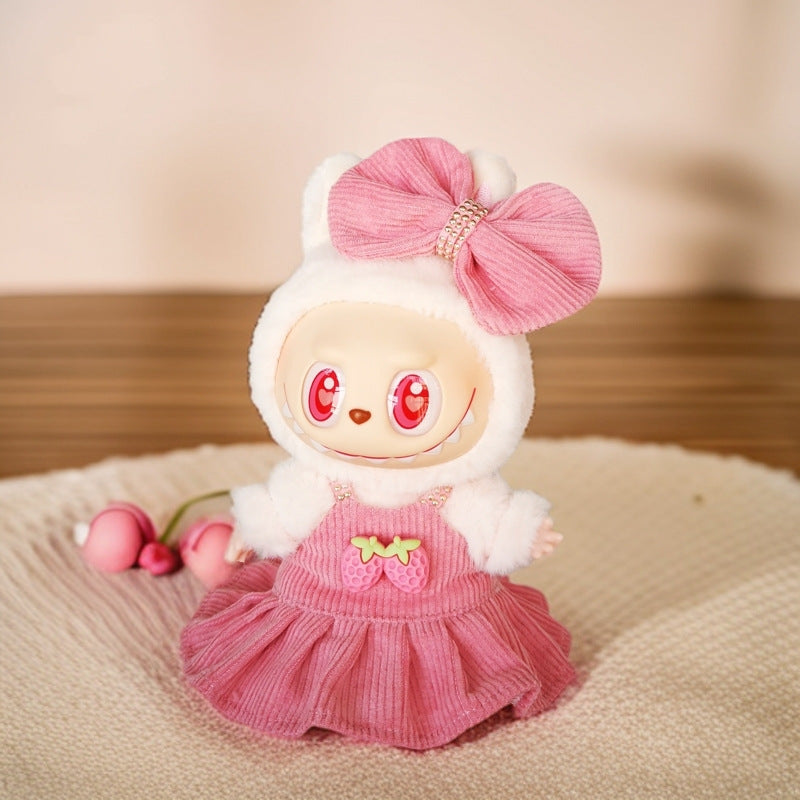 Strawberry Pink Dress Outfit Set for 17cm/6.69inch Labubu Doll – Includes Dress, Bow Headband & Shoes (Doll Not Included)