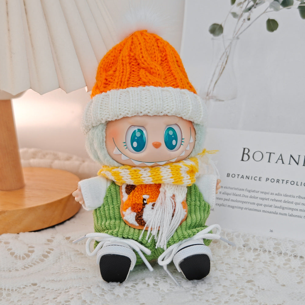 Winter Cozy Knit Hat Scarf Overalls White T-Shirt Shoes Five-Piece Outfit Set for 17cm/6.69inch Labubu Doll Doll Not Included