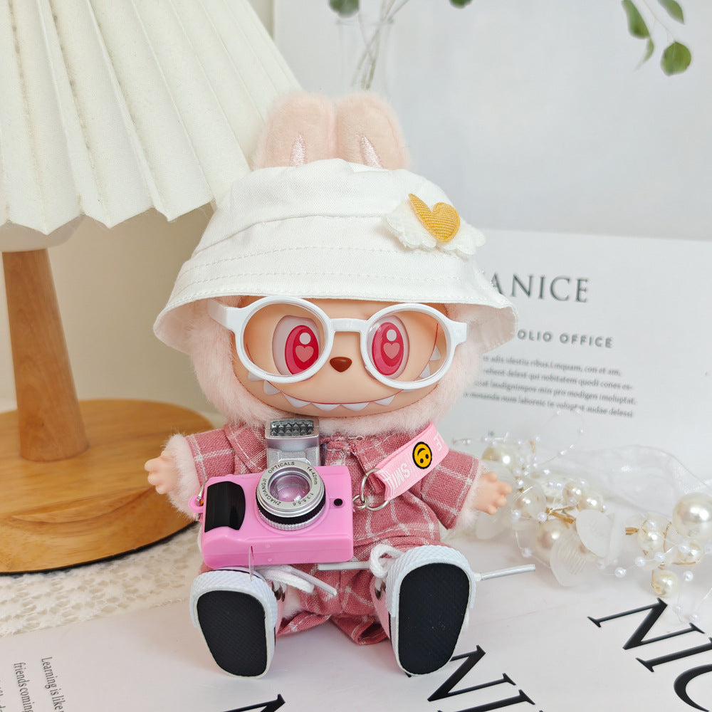 Chic Pink Plaid Suit Set for 17cm Labubu Dolls - Includes Blazer & Pants, Hat, Glasses, Camera, and Sneakers (Doll Not Included)