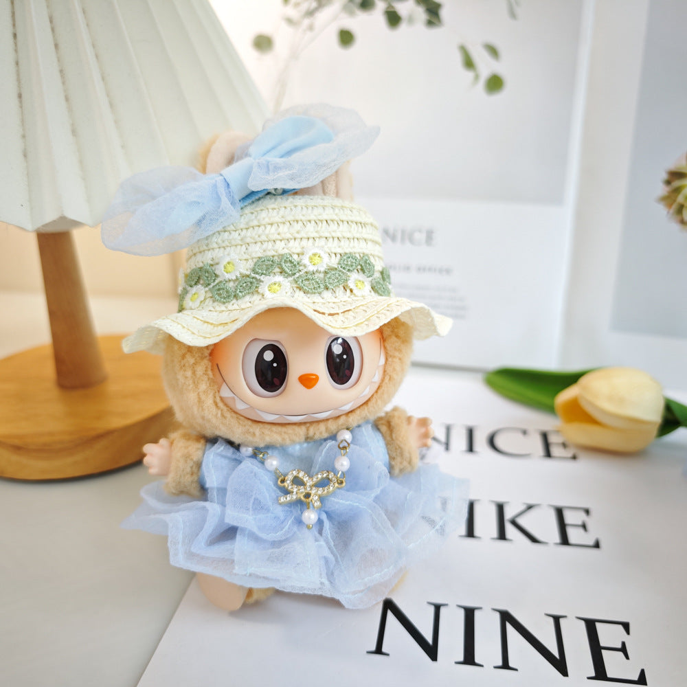 Sweet Summer Style 4-Piece Outfit Set for 17cm/6.69inch Dolls – Bow Headband, Straw Hat, Necklace, and Tulle Dress (Doll Not Included)