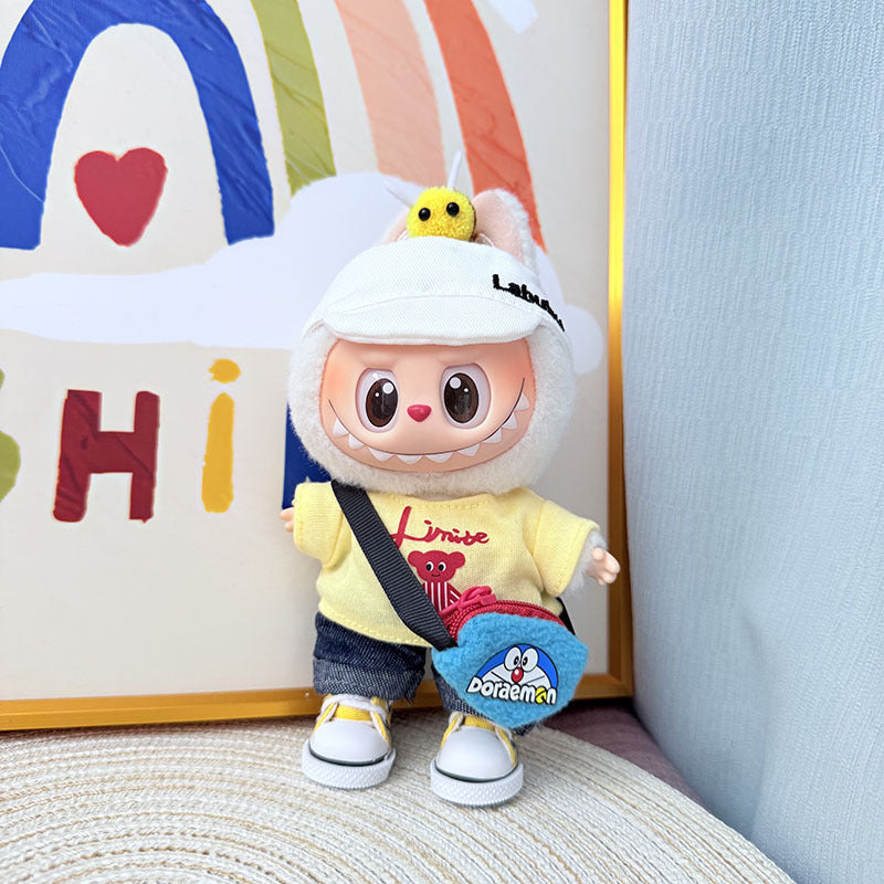 Labubu 5-Piece Honeybee Streetwear Set – Cute Cartoon Outfit with Cap, Top, Bag & Shoes for 17cm/6.69inch Dolls