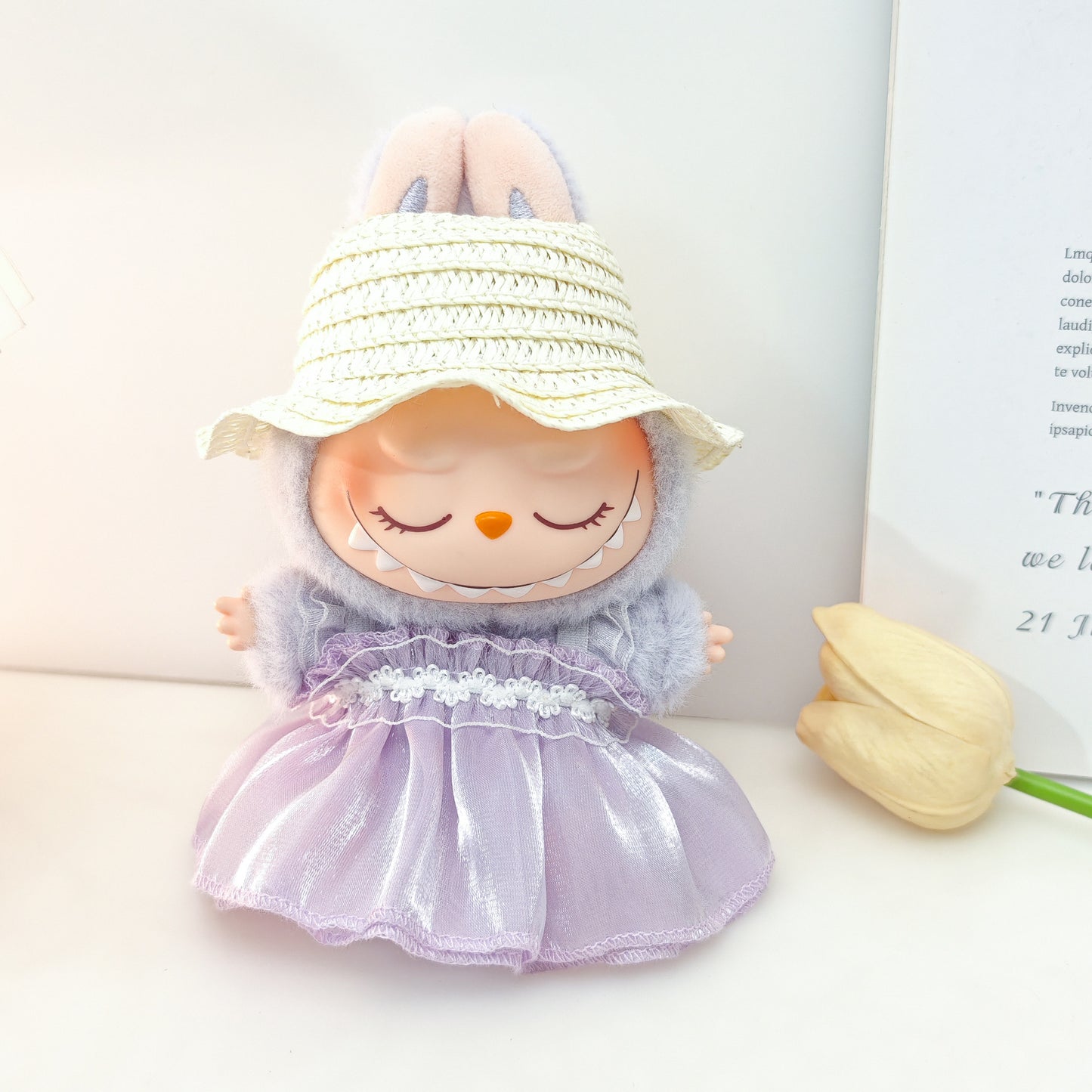 Summer Breeze 2-Piece Outfit for 17cm/6.69inch Dolls – Wavy Straw Hat & Sheer Dress (Doll Not Included)