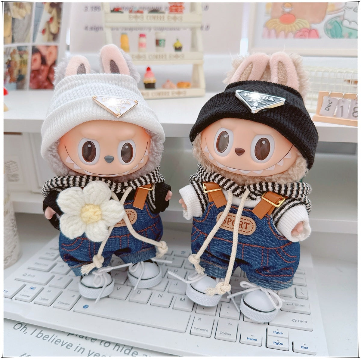 4-Piece Doll Outfit Set – 17cm、6.69inch Labubu Clothes with Hoodie, Denim Overalls, Hat & Shoes