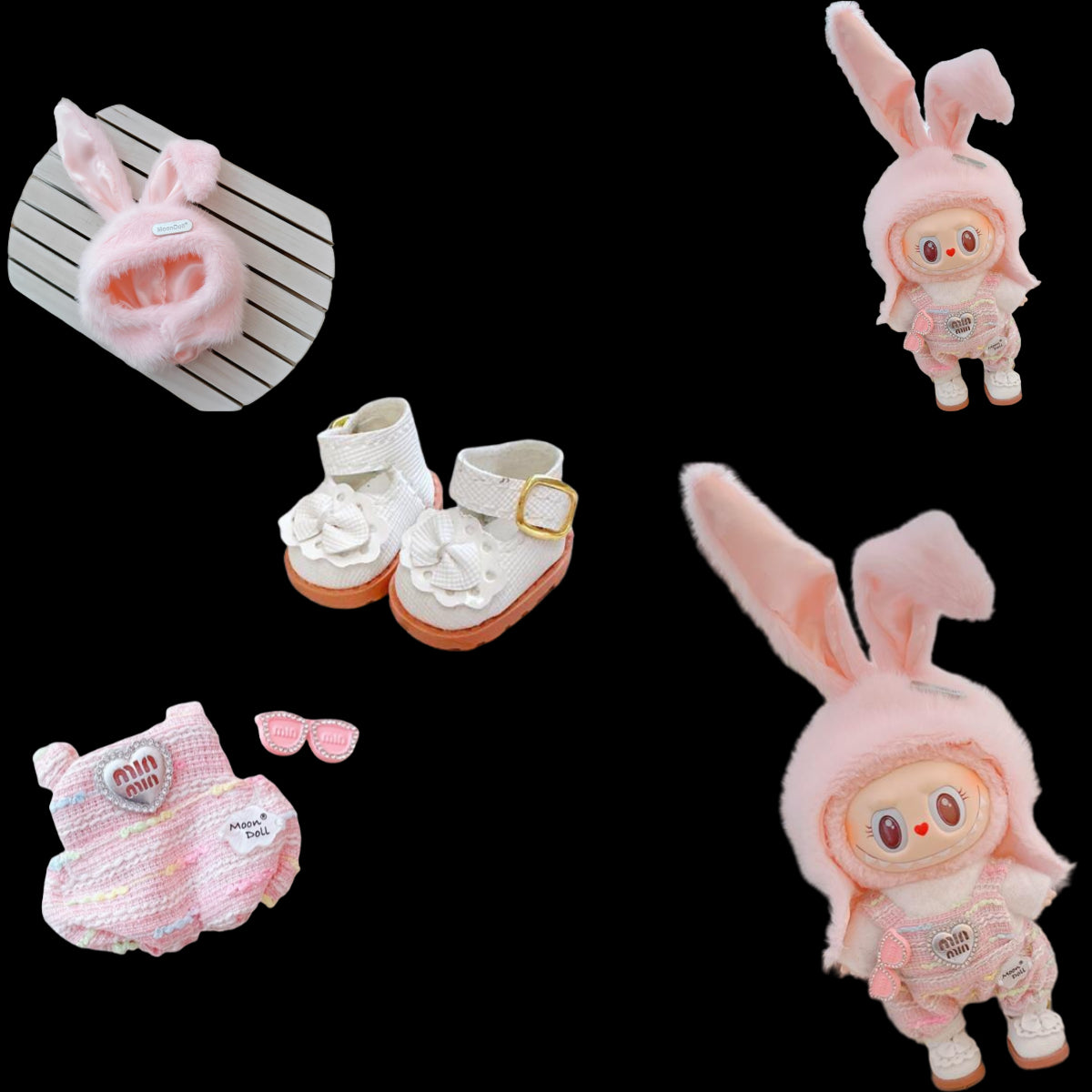 3-Piece Labubu Doll Outfit Set – Pink Bunny Overalls Hat and Shoes for Gen 1/2 17cm/6.69inch Dolls