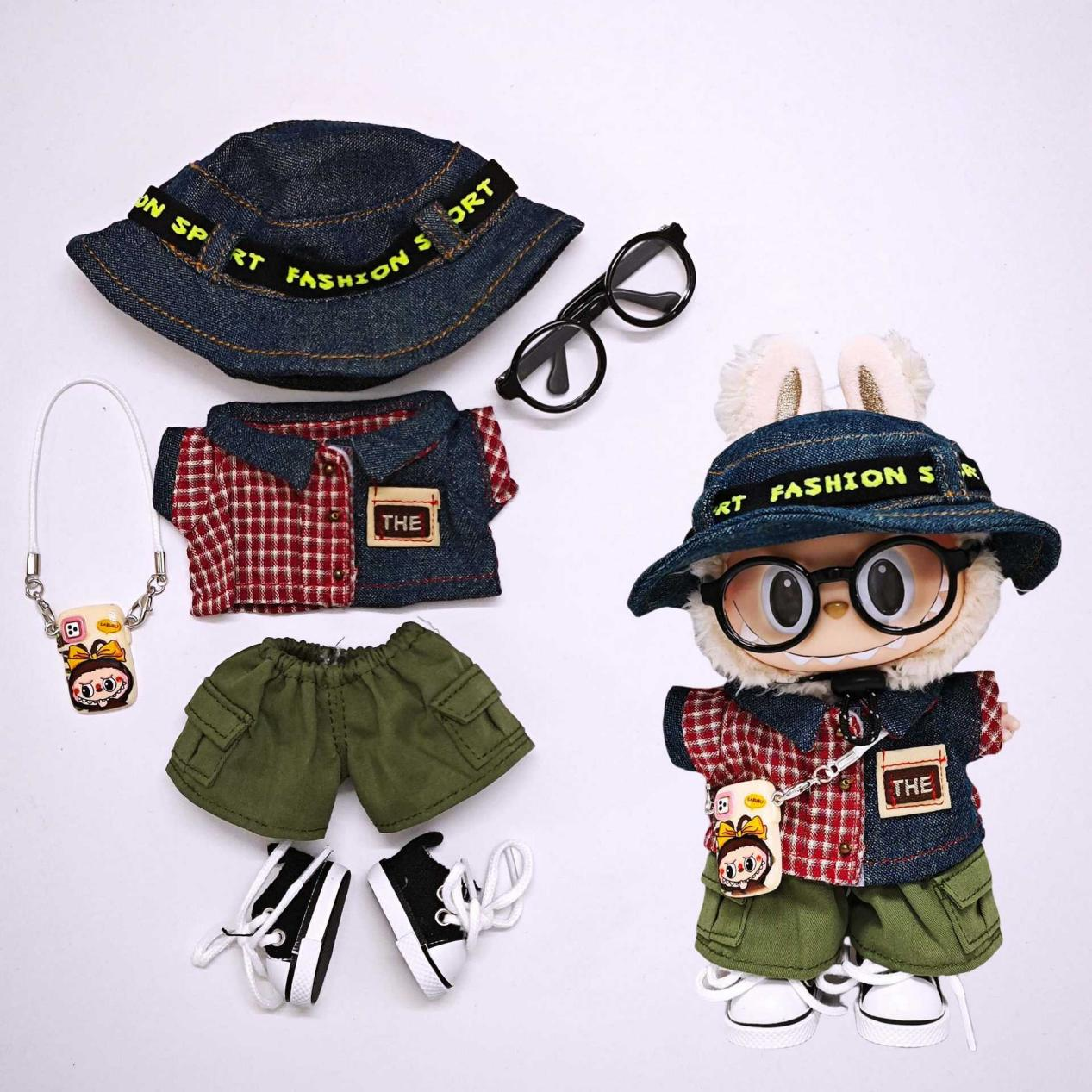 6-Piece Trendy Outfit Set for 17cm/6.69inch Labubu Dolls (Doll Not Included) – Shirt, Hat, Pants & Accessories (Unisex)