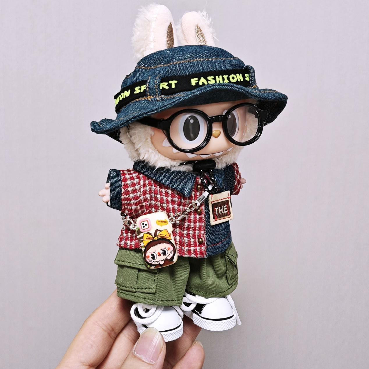 6-Piece Trendy Outfit Set for 17cm/6.69inch Labubu Dolls (Doll Not Included) – Shirt, Hat, Pants & Accessories (Unisex)