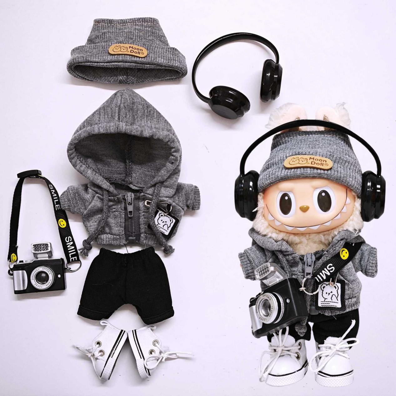 Gray 6-Piece Labubu Doll Outfit Set for 17cm/6.69inch – Hat, Hoodie, Shoes & Accessories (Doll Not Included)