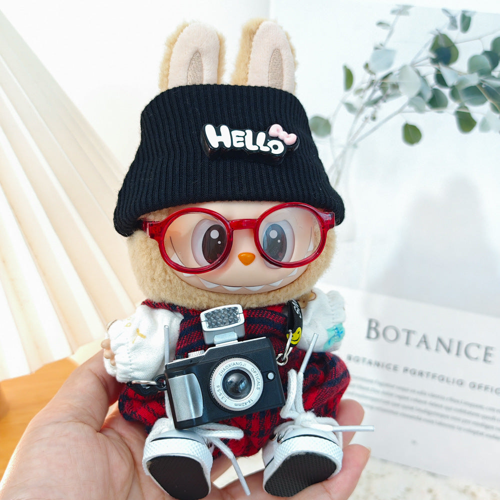 5-Piece Outfit Set for 17cm/6.69inch Dolls – Includes Beanie Hat, Glasses, Plaid Overall Suit, Canvas Shoes, and Camera or Bottle Pendant (Doll Not Included)