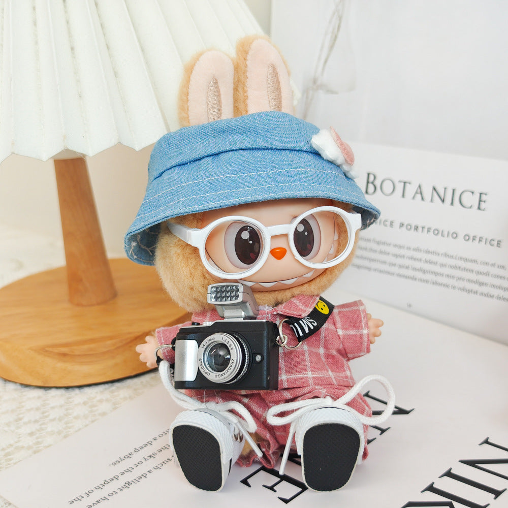 Chic Pink Plaid Suit Set for 17cm Labubu Dolls - Includes Blazer & Pants, Hat, Glasses, Camera, and Sneakers (Doll Not Included)