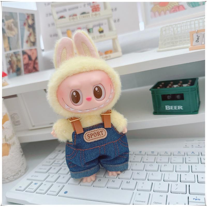 4-Piece Doll Outfit Set – 17cm、6.69inch Labubu Clothes with Hoodie, Denim Overalls, Hat & Shoes