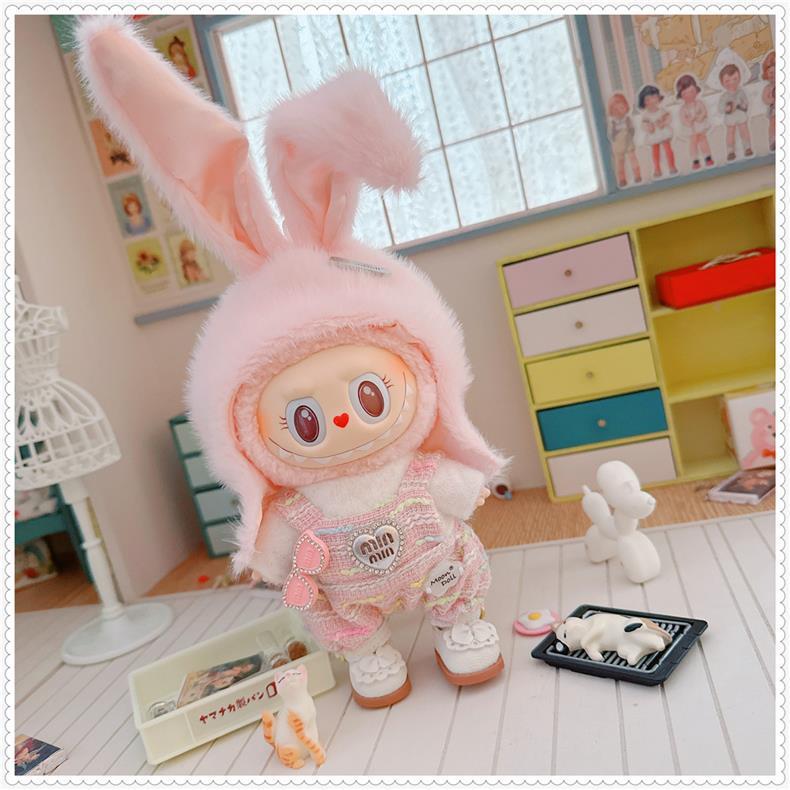 3-Piece Labubu Doll Outfit Set – Pink Bunny Overalls Hat and Shoes for Gen 1/2 17cm/6.69inch Dolls