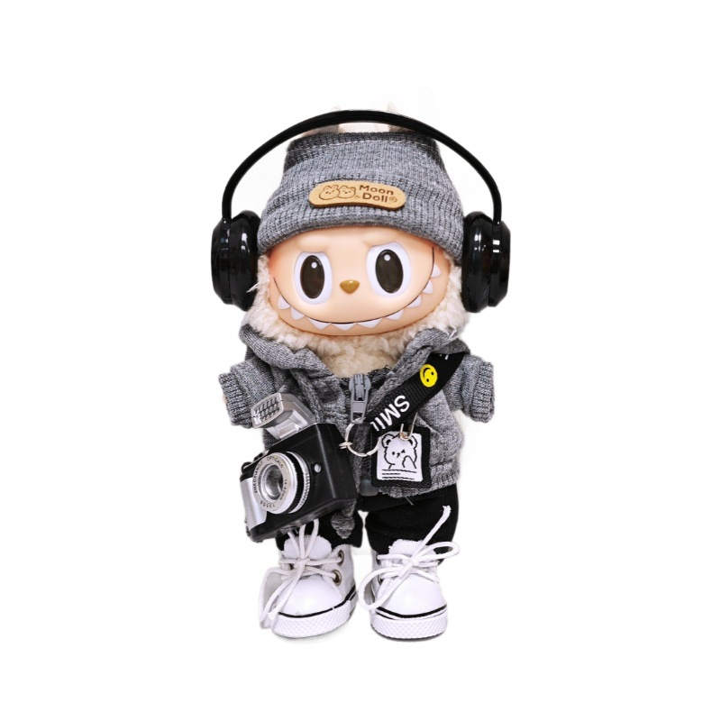Gray 6-Piece Labubu Doll Outfit Set for 17cm/6.69inch – Hat, Hoodie, Shoes & Accessories (Doll Not Included)