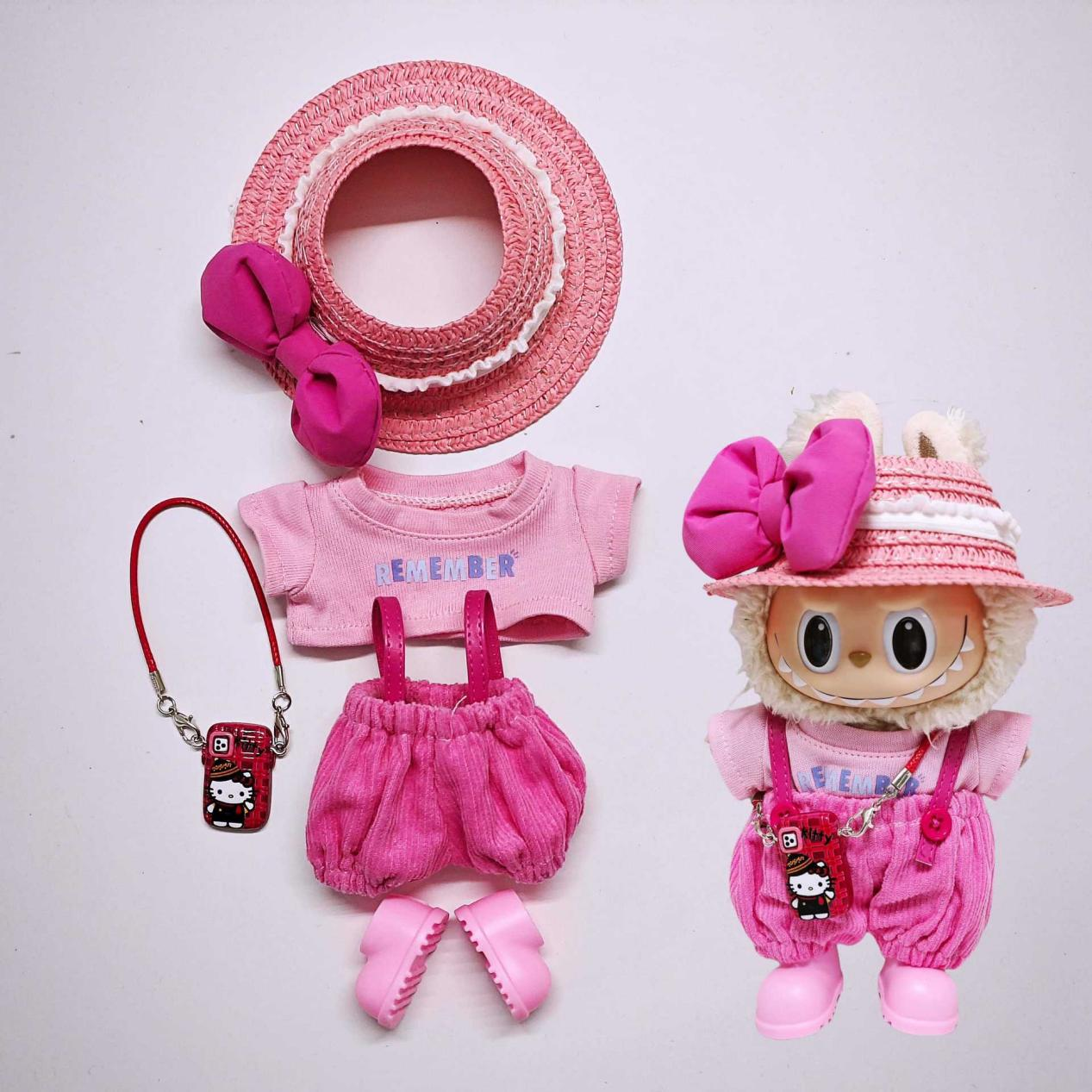 5-Piece Magenta Pink Outfit Set for 17cm Labubu – Hat, Top, Pants, Shoes & Bag (Doll Not Included)