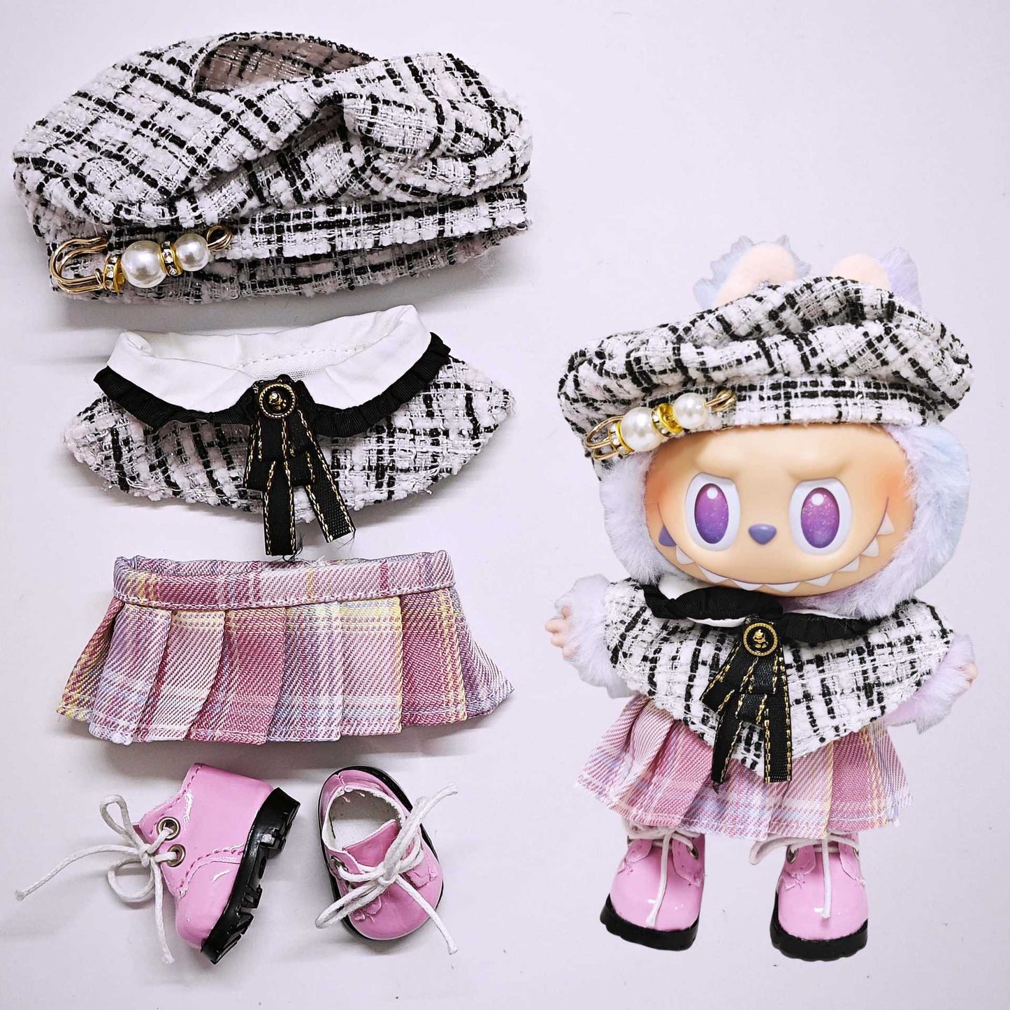 4-Piece Chic Doll Outfit Set – Beret, Cape, Pink Plaid Skirt & Pink Boots for 17cm Dolls (Doll Not Included)