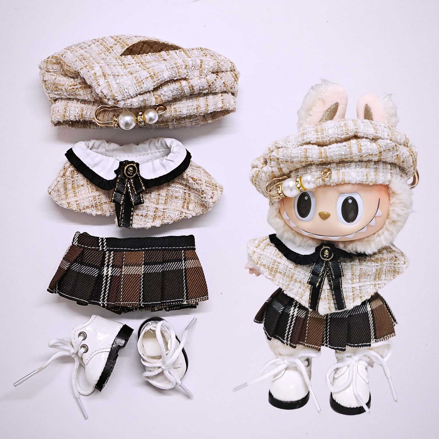 4-Piece Vintage Schoolgirl Doll Outfit Set – Beret, Cape, Plaid Skirt & White Boots for 17cm Dolls (Doll Not Included)