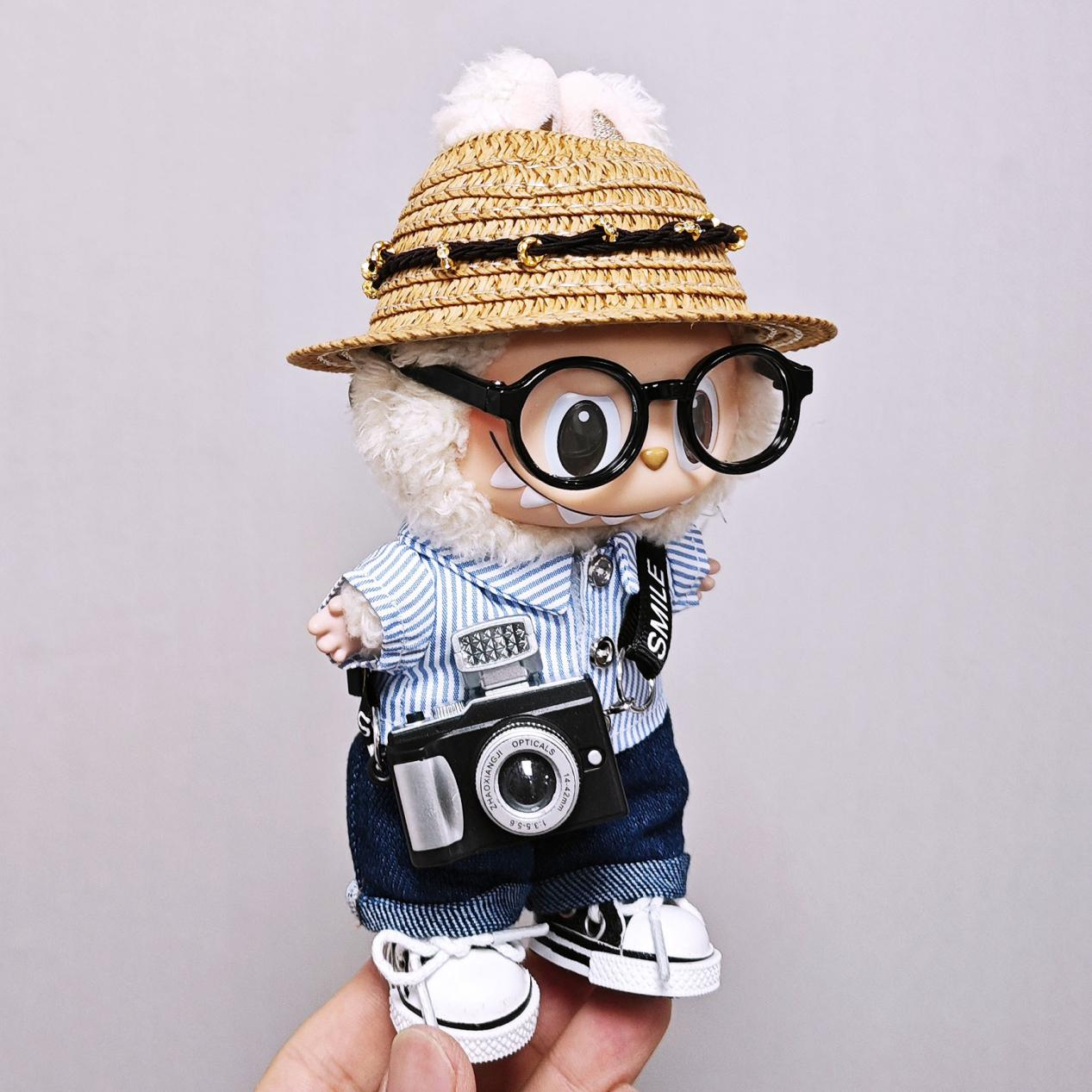 6-Piece Summer Outfit Set for 17cm Labubu – Hat, Shirt, Pants, Shoes, Bag & Glasses (Doll Not Included)