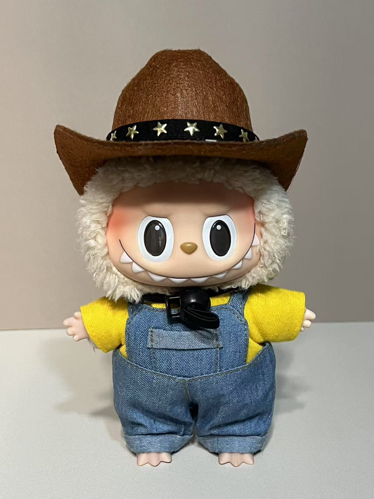 Western Cowboy Outfit Set for 17cm/6.69inch Labubu Doll – 3-Piece Yellow Shirt, Denim Overalls & Hat (Doll Not Included)