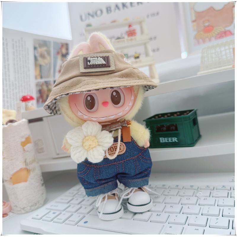 4-Piece Doll Outfit Set – 17cm、6.69inch Labubu Clothes with Hoodie, Denim Overalls, Hat & Shoes