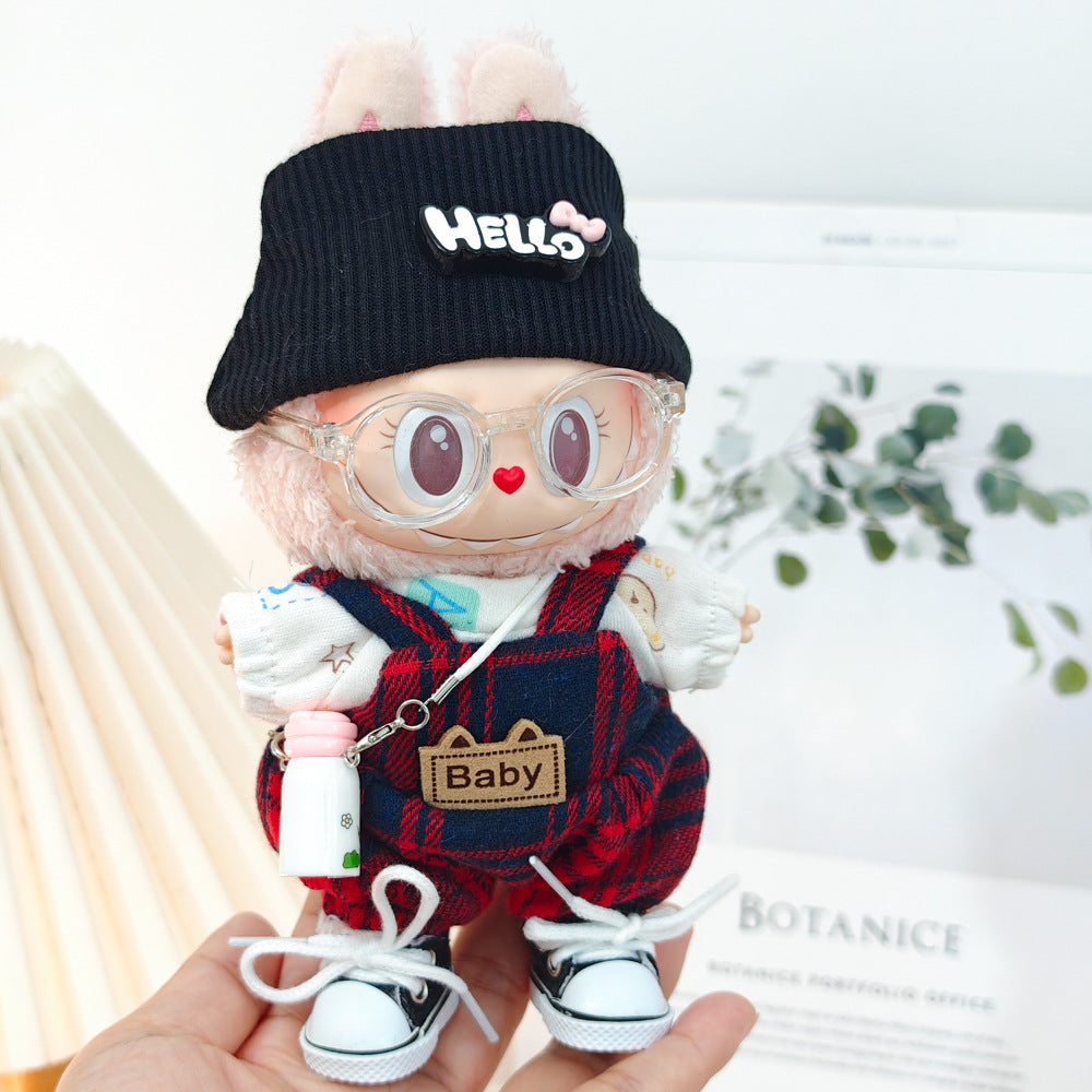 5-Piece Outfit Set for 17cm/6.69inch Dolls – Includes Beanie Hat, Glasses, Plaid Overall Suit, Canvas Shoes, and Camera or Bottle Pendant (Doll Not Included)