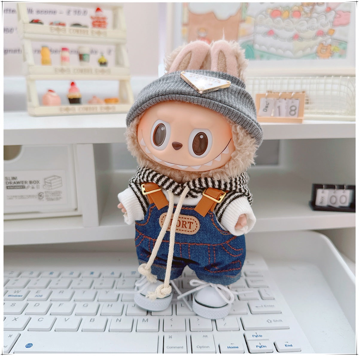 4-Piece Doll Outfit Set – 17cm、6.69inch Labubu Clothes with Hoodie, Denim Overalls, Hat & Shoes