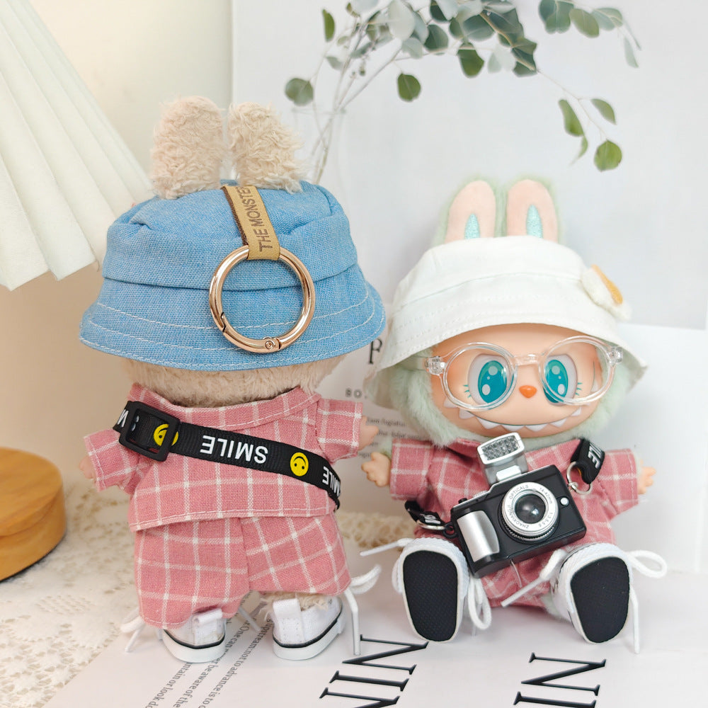 Chic Pink Plaid Suit Set for 17cm Labubu Dolls - Includes Blazer & Pants, Hat, Glasses, Camera, and Sneakers (Doll Not Included)