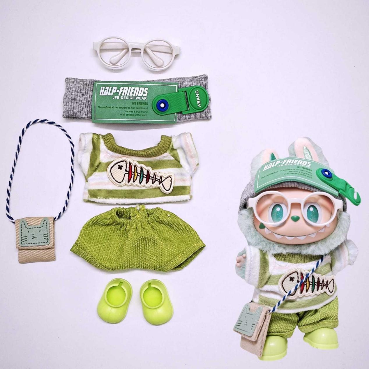6-Piece Fishbone Style Outfit for 17cm Labubu – Headphones, Headband, Shirt, Pants, Boots, Bag & Glasses (Doll Not Included)