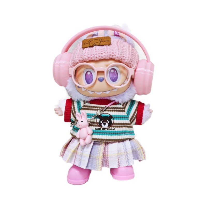 7-Piece Outfit Set for 17cm Labubu – Skirt, T-Shirt, Headphones, Hat, Glasses, Shoes & Bunny Charm (Doll Not Included)