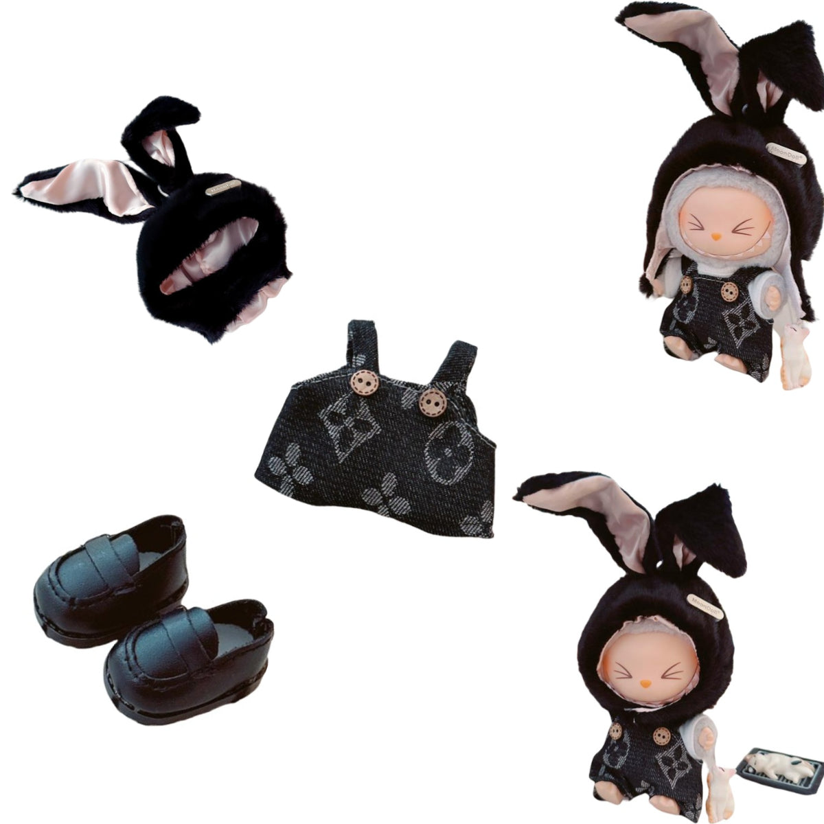 3-Piece Labubu Doll Outfit Set – Black Bunny Overalls Hat and Shoes for Gen 1/2 17cm/6.69inch Dolls
