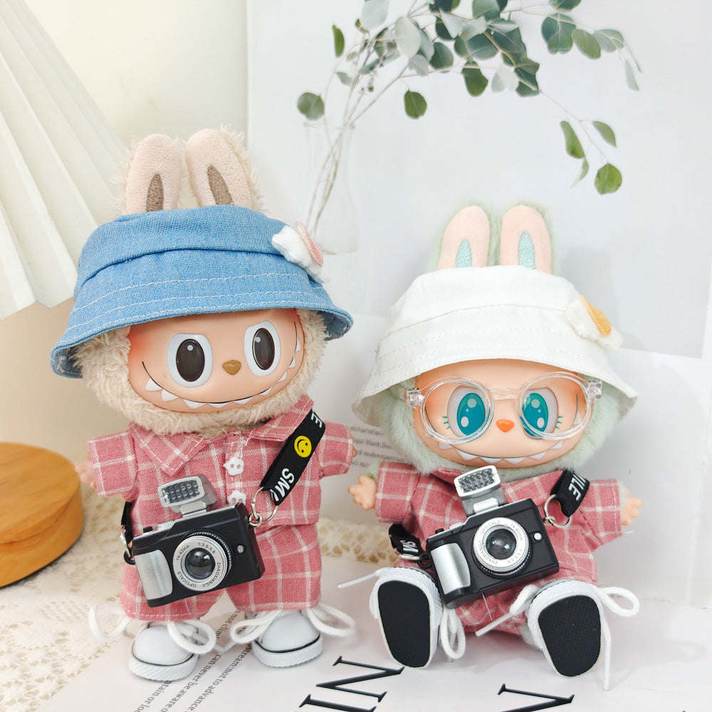 Chic Pink Plaid Suit Set for 17cm Labubu Dolls - Includes Blazer & Pants, Hat, Glasses, Camera, and Sneakers (Doll Not Included)