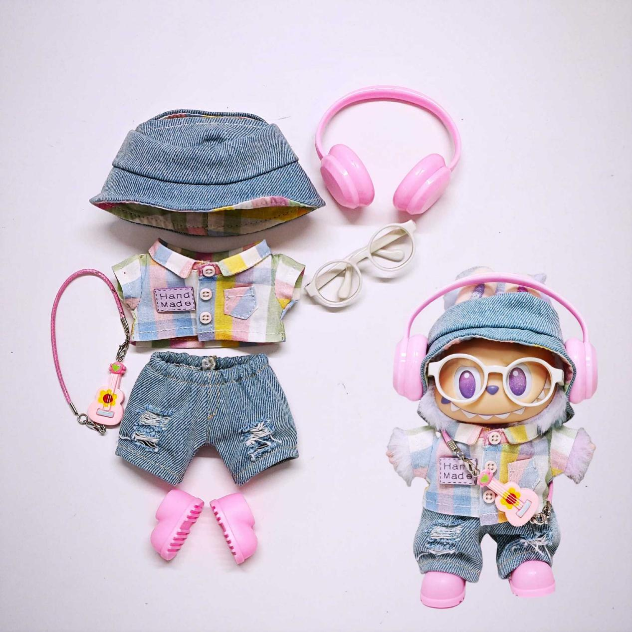 7-Piece Outfit Set for 17cm Labubu – Shirt, Hat, Denim Pants, Guitar Pendant, Shoes, Glasses & Headphones (Doll Not Included, 5 Colors Available)