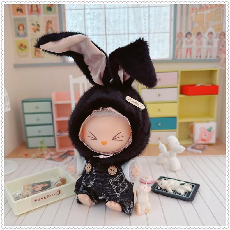 3-Piece Labubu Doll Outfit Set – Black Bunny Overalls Hat and Shoes for Gen 1/2 17cm/6.69inch Dolls