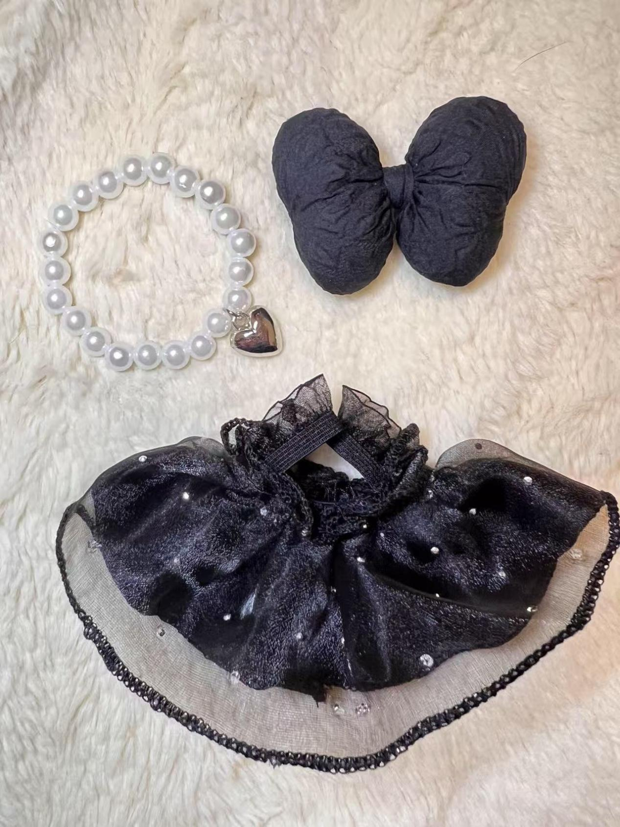 3-Piece Labubu Doll Princess Outfit – Black Bow, Pearl Necklace & Glitter Skirt for 17cm/6.69inch Dolls, Perfect for Party Styling (Doll Not Included)
