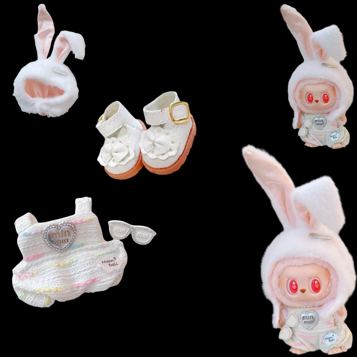 3-Piece Labubu Doll Outfit Set – White Bunny Hat, Heart Overalls and Flower Shoes for Gen 1/2 17cm/6.69inch Dolls