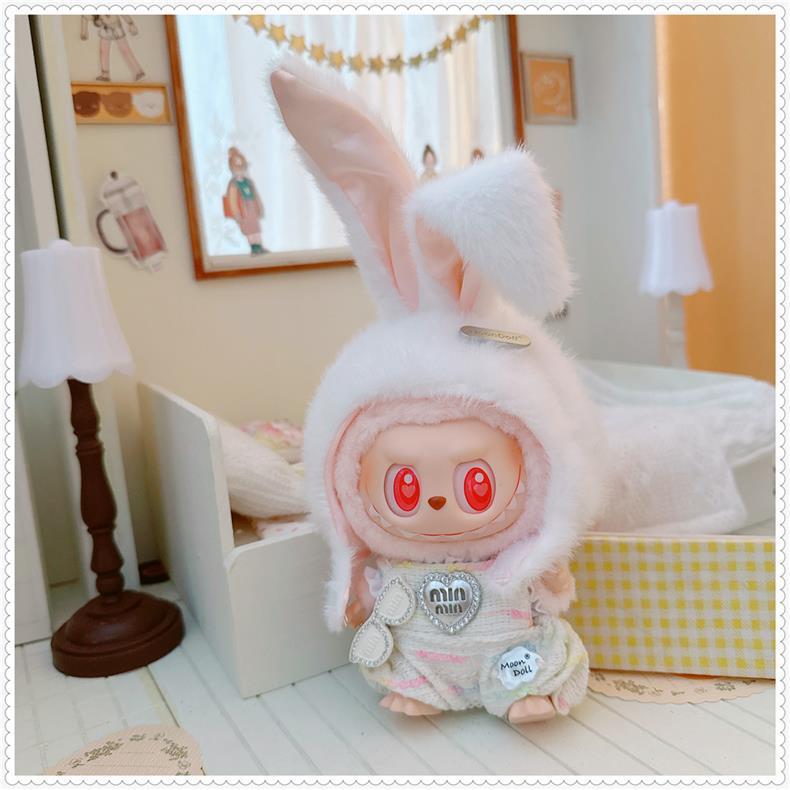 3-Piece Labubu Doll Outfit Set – White Bunny Hat, Heart Overalls and Flower Shoes for Gen 1/2 17cm/6.69inch Dolls