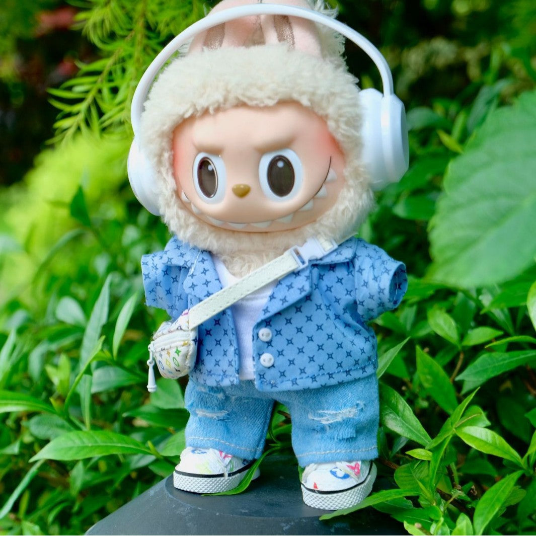 3-Piece Doll Outfit Set – White Tee, Patterned Blue Shirt & Ripped Jeans for 17cm/6.69inch Dolls – Trendy Street Style (Doll Not Included)